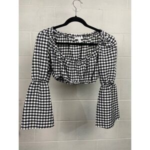 Topshop Gingham Crop Top Off Shoulder Bell Sleeve Blouse Petite Size 4 Black‎